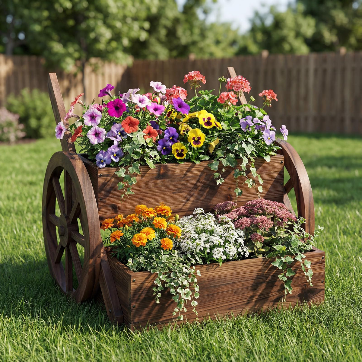 Lucktree Wooden Wagon Planter Box with Wheels