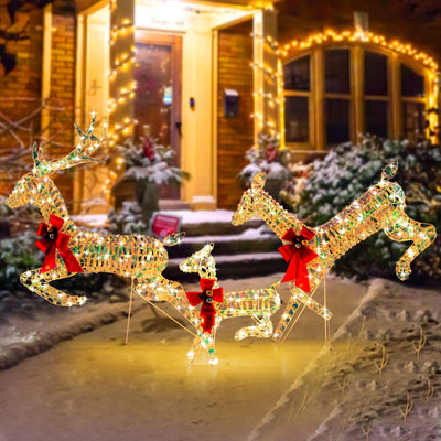 Lucktree Christmas Lighted Reindeer, Set of 3 Reindeer Decorations with LED Lights and Red Bows