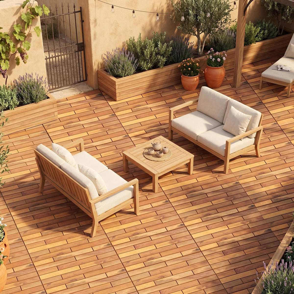 Lucktree 24" x 12" Acacia Wood Deck Tiles with Drainage Base