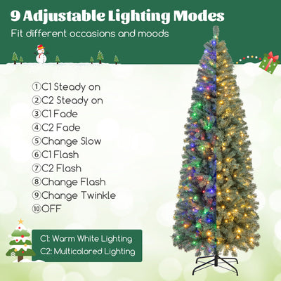 Lucktree 7.5ft Pre-Lit Blue Slim Pencil Christmas Tree with 250 Warm White & Multicolored LED Lights, 9 Modes, 724 Branch Tips