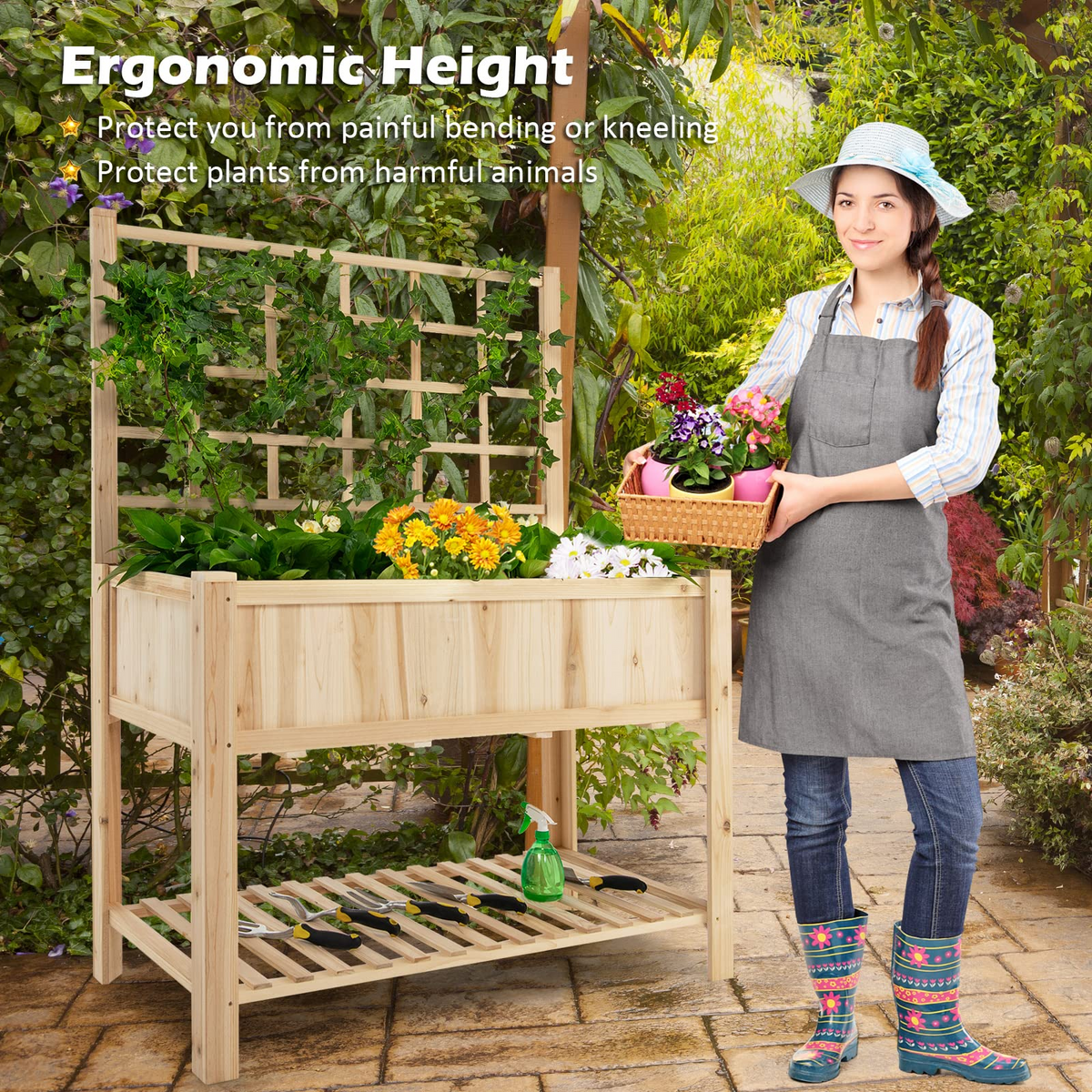 Lucktree Wood Planter with Trellis, Standing Raised Garden Bed