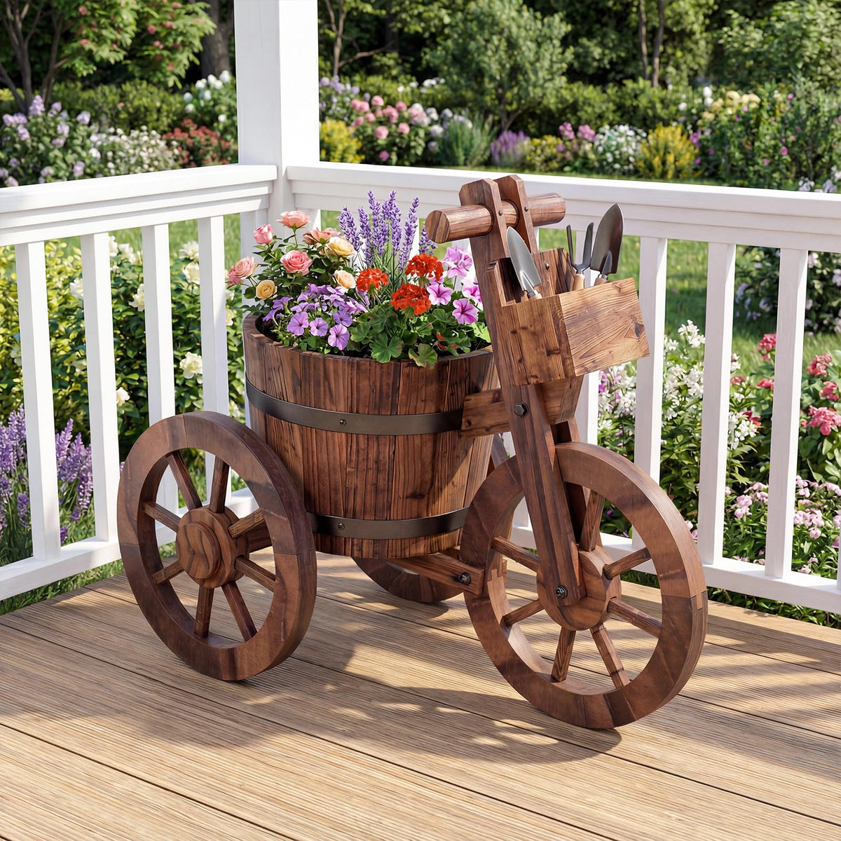 Lucktree Wooden Wagon Planter with Wheels for Patio Backyard Balcony