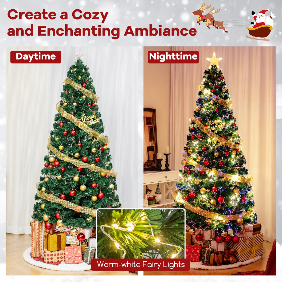Lucktree 7ft Pre-Lit Fiber Optic Christmas Tree, Artificial Lighted Xmas Tree with 48 Warm-White Shape-Adjustable Star String Lights