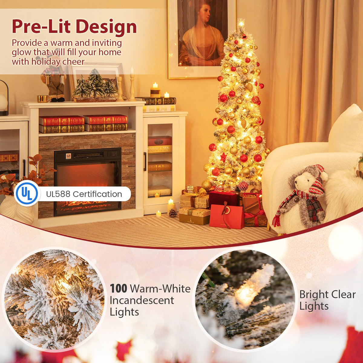 Lucktree Pre-Lit Snow Flocked Pencil Christmas Tree for Home Office Holiday Decor
