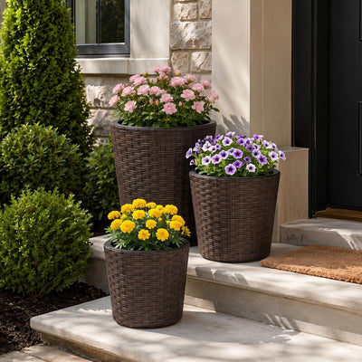 Lucktree Set of 3 Plastic Planters | 14 & 11 & 9 Inch Taper Rattan Planters with Drainage Holes and Saucers