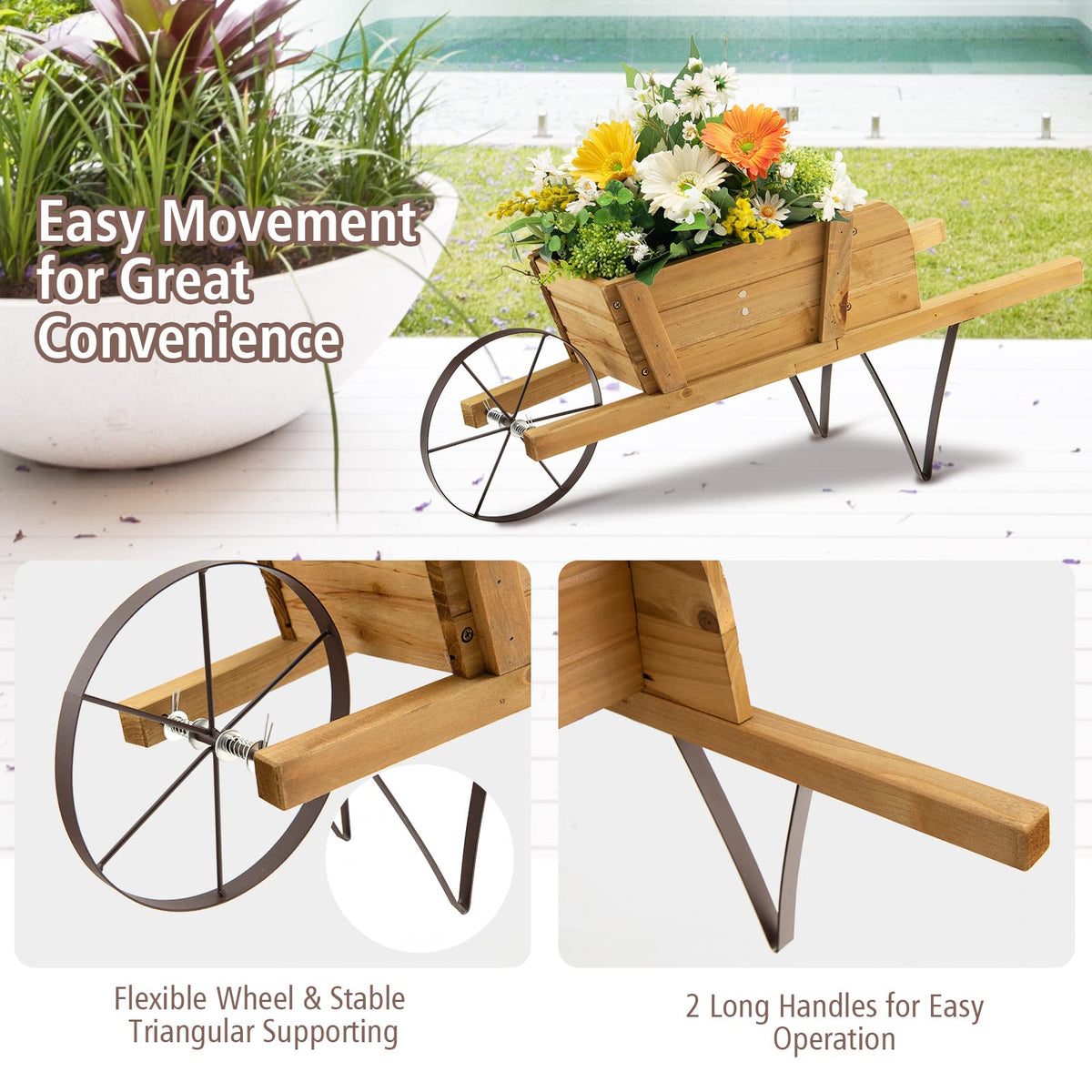 Lucktree Wooden Wagon Planter, Small Wheelbarrow Wagon Flower, Indoor & Outdoor Raised Bed
