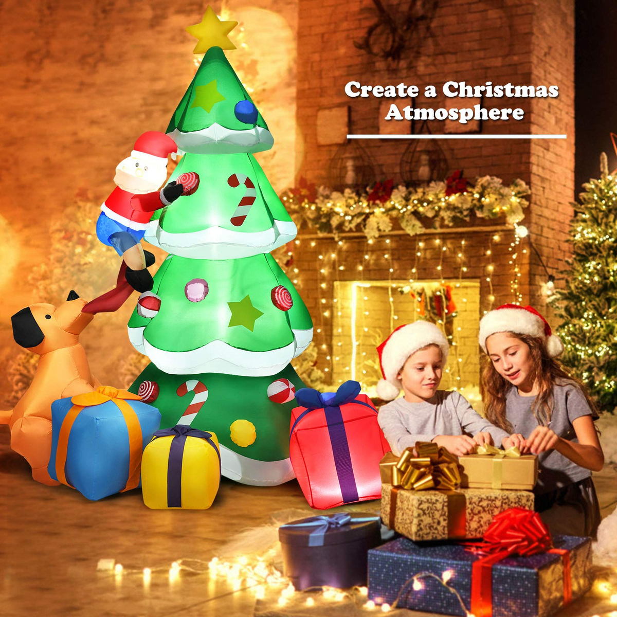 Lucktree 7 Ft Inflatable Christmas Tree with Santa Claus Dog & Gift Boxes