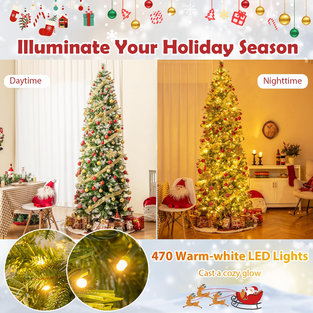 Lucktree 6ft / 7.5ft / 9ft Pre-Lit Pencil Christmas Tree with Flocked Frosted Tips & LED Lights