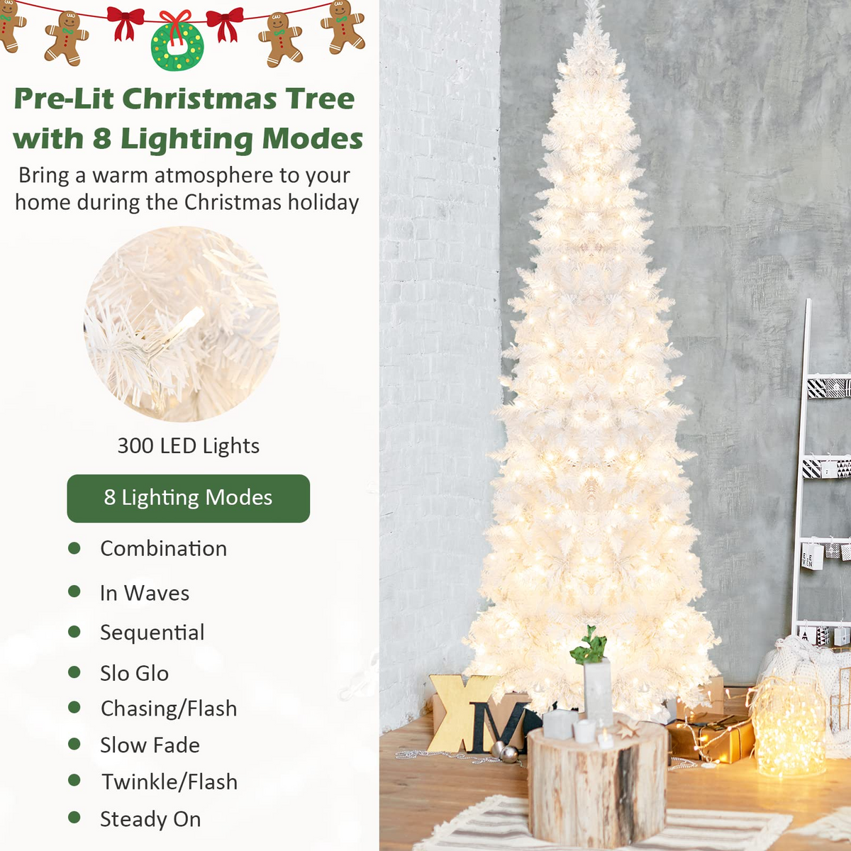 Lucktree 7ft White Pre-Lit Pencil Christmas Tree, Artificial Hinged Slim Tree with 800 Tips, 300 Warm White Lights - LucktreeUS