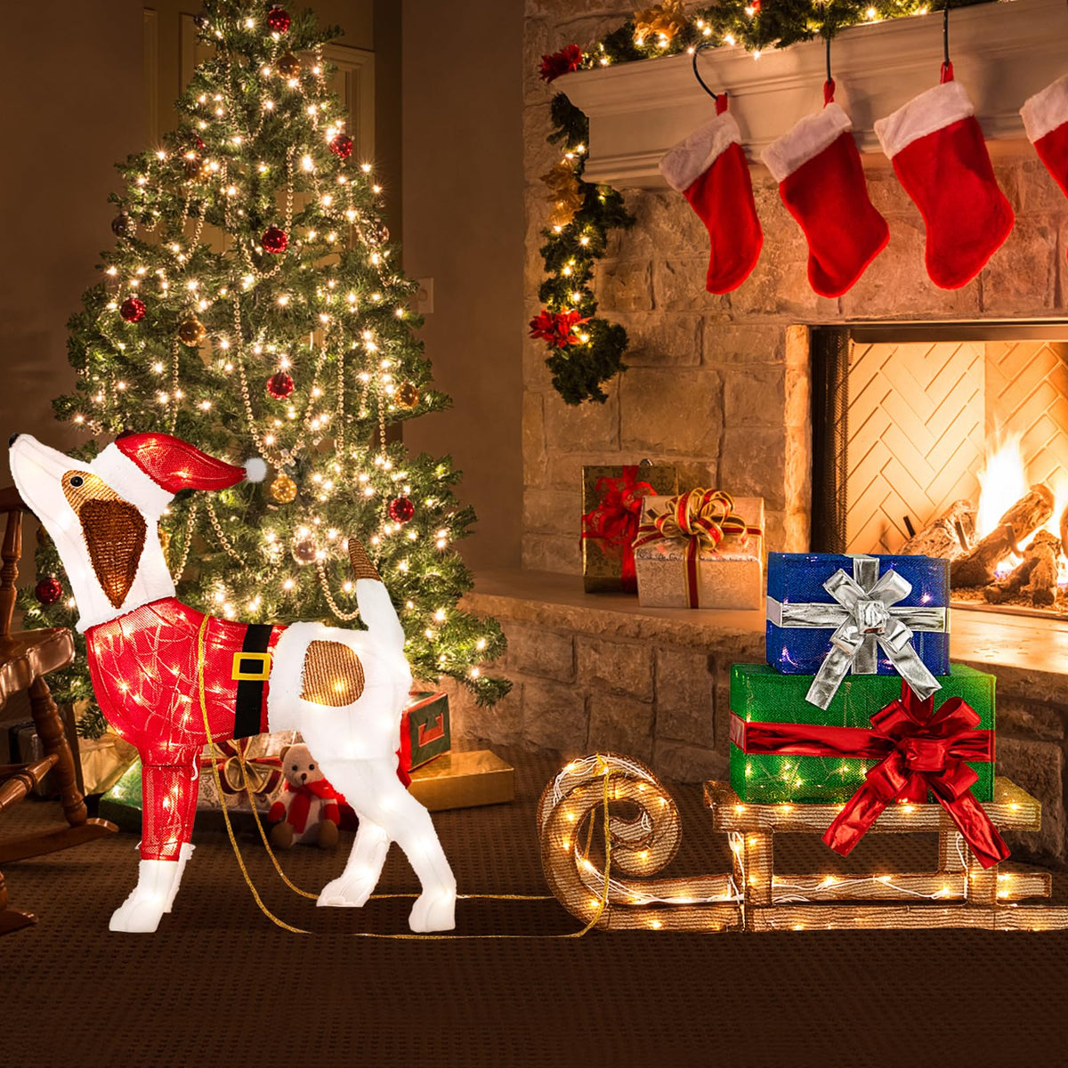 Lucktree Lighted Christmas Dog with Sleigh & Gift Boxes Combo Decorations