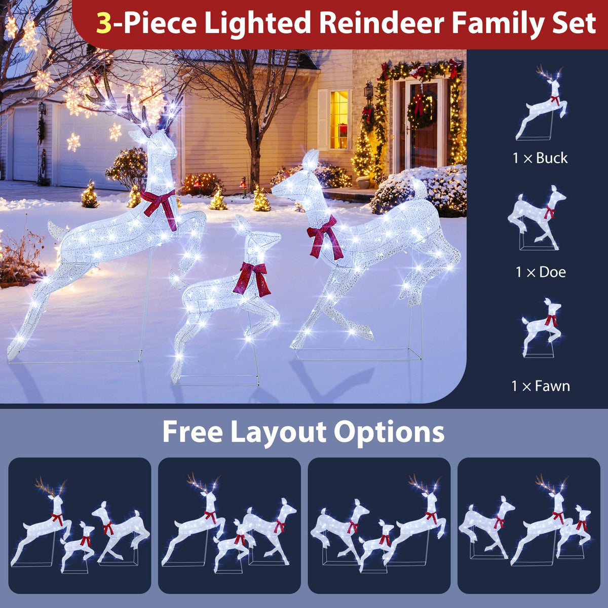Lucktree 3-Piece Large Lighted Christmas Reindeer Family, Light up Xmas Decorations w/255 LED Lights & Scarves
