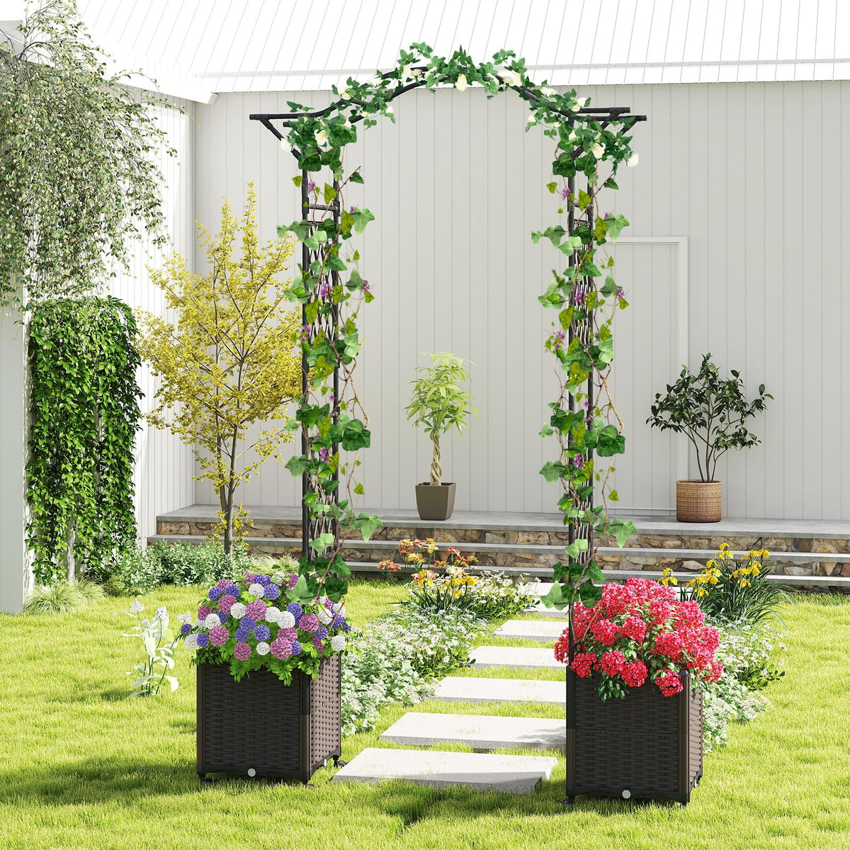 Lucktree 8.2 FT Garden Arch Trellis w/ 2 Self-Watering Planter Boxes