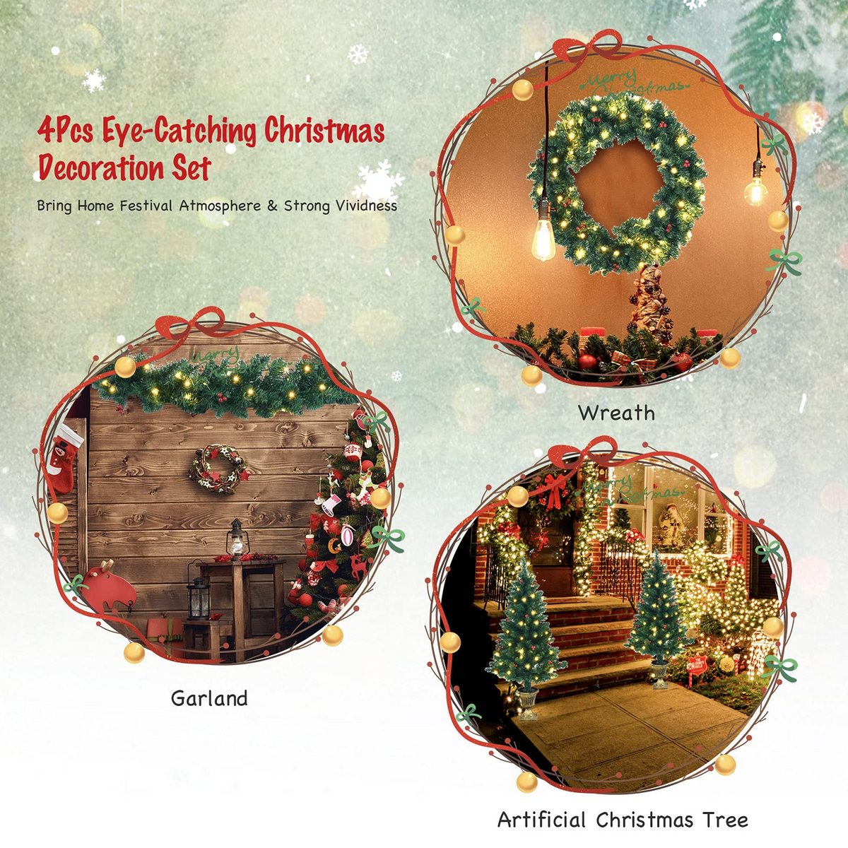 Lucktree Pre-lit Holiday Christmas 4-Piece Set, Christmas Garland - LucktreeUS