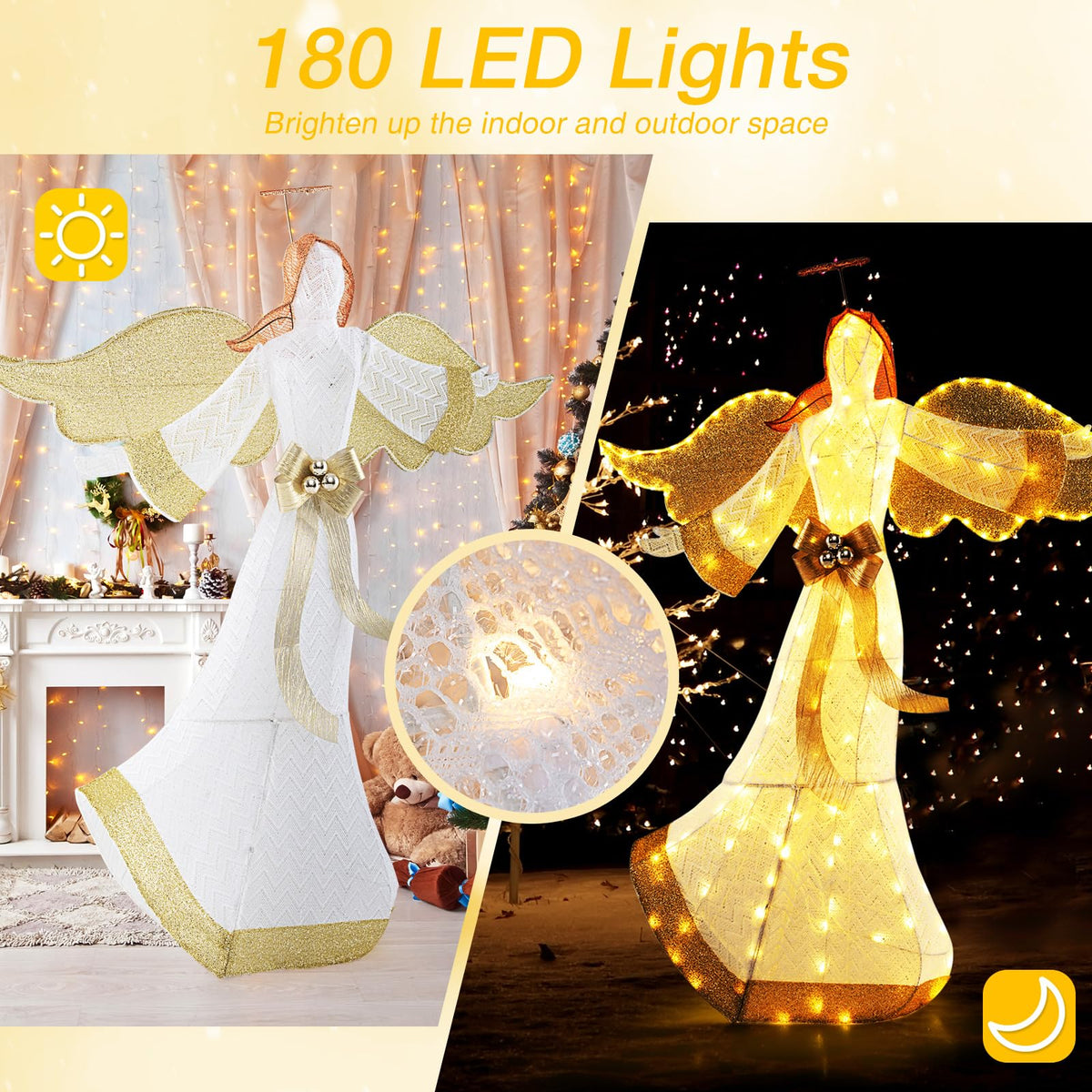 Lucktree 5.2 FT Christmas Lighted Angel, Pre-Lit Winged Holiday Figure Angel with180 Warm White LED Lights