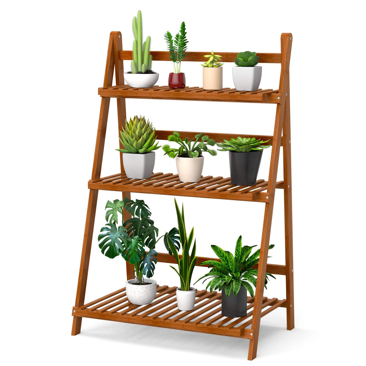 Lucktree 3 Tier Folding Storage Shelf, Bamboo Ladder Plant Stand