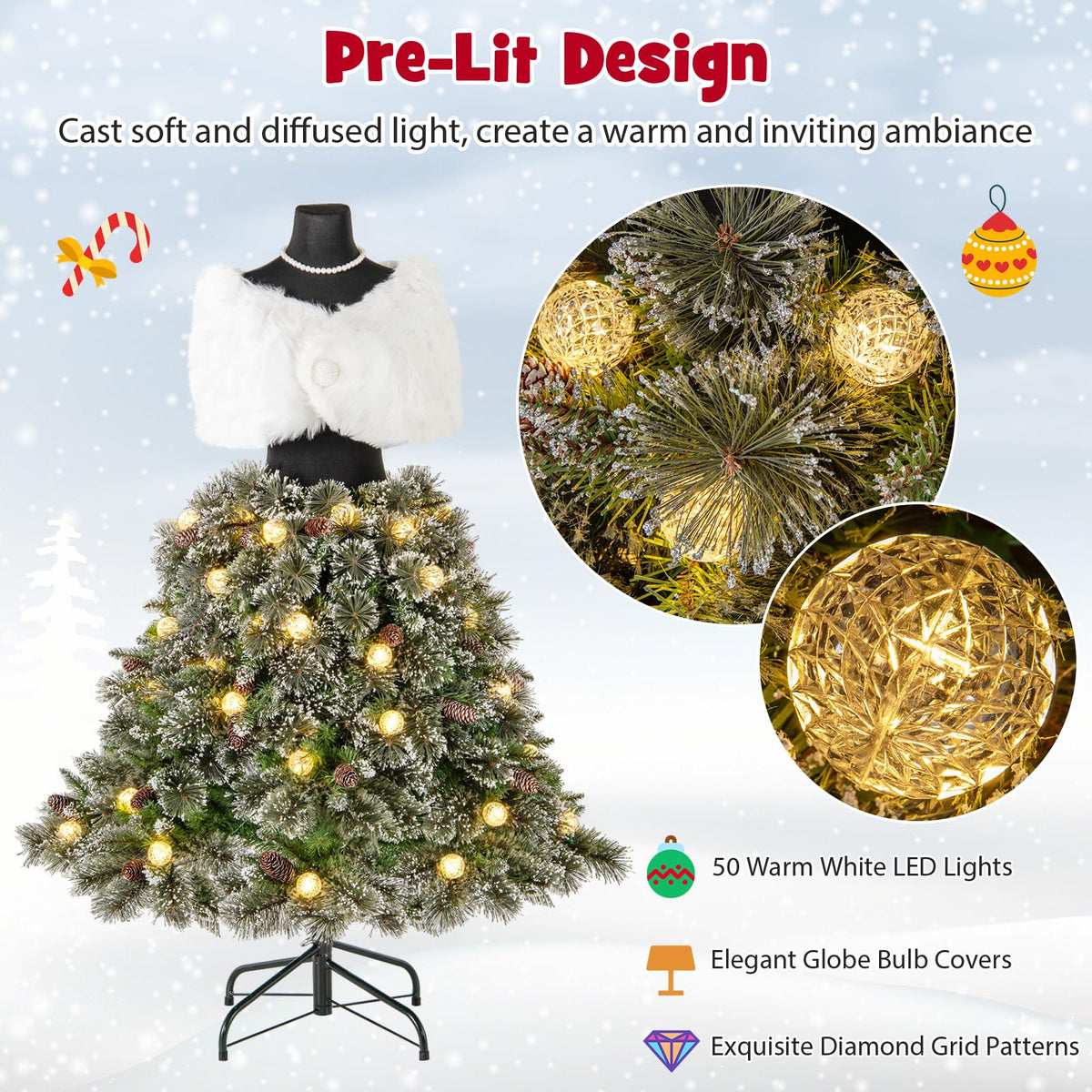 Lucktree 5ft Pre-Lit Dress Form Christmas Tree with Female Mannequin Torso Shawl Necklace