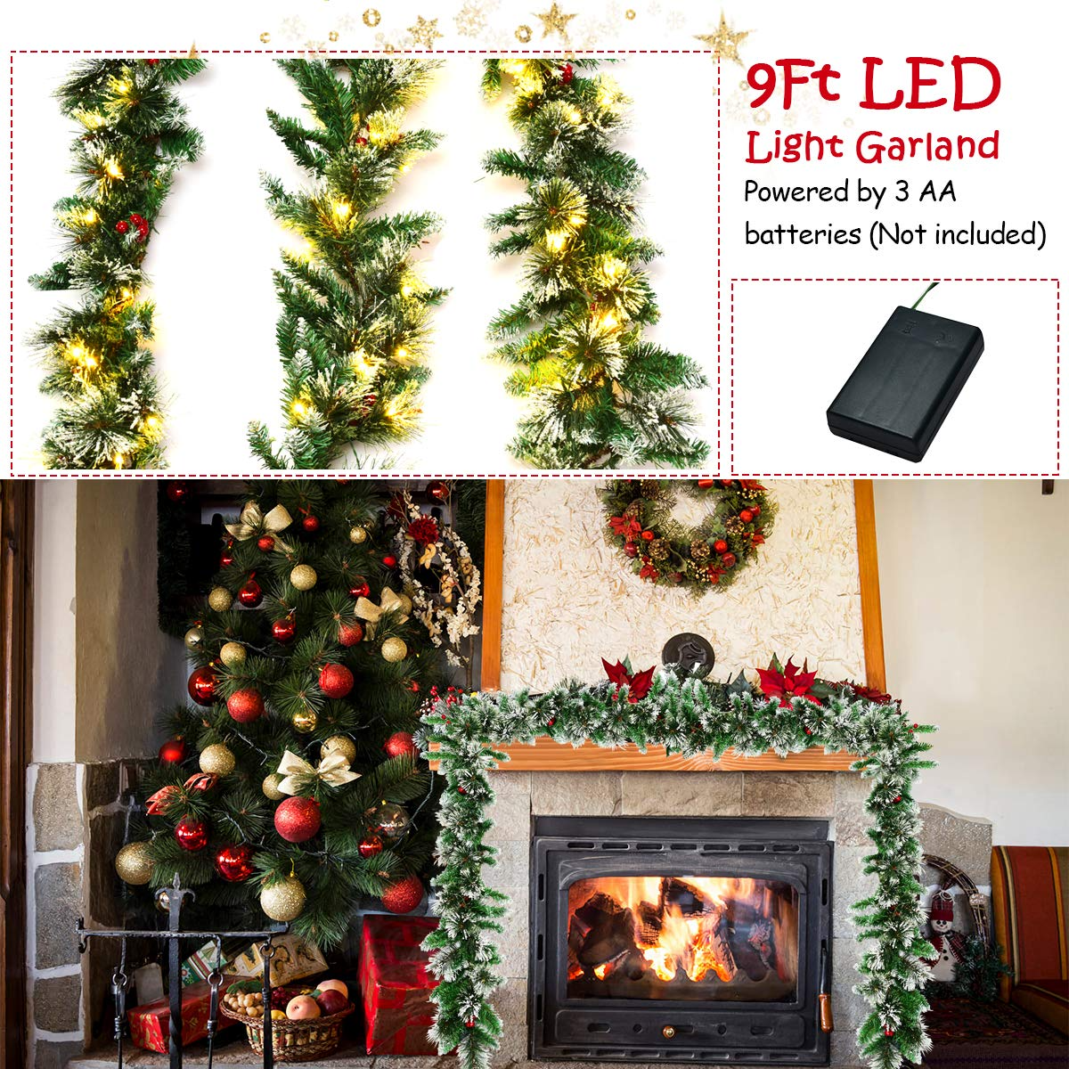 Lucktree 9FT Pre-lit Christmas Garland, Artificial Christmas Pine Rattan w/Timer - LucktreeUS