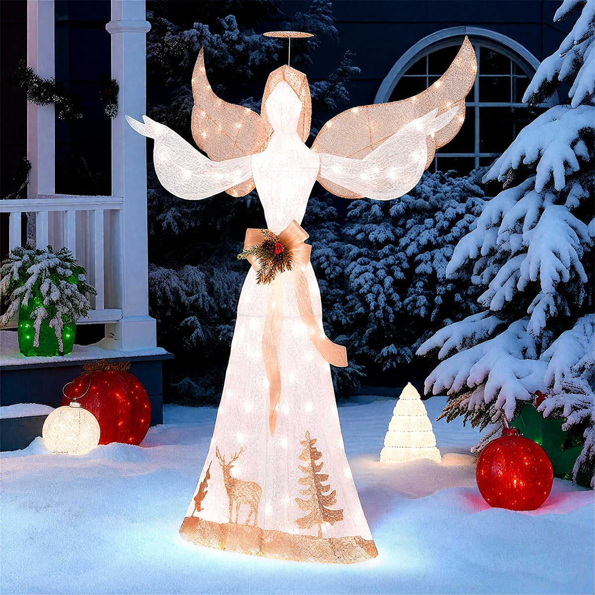 Lucktree Pre-lit 3D Glittered Angel with 100 Warm White Lights Halo Bow Ground Stakes