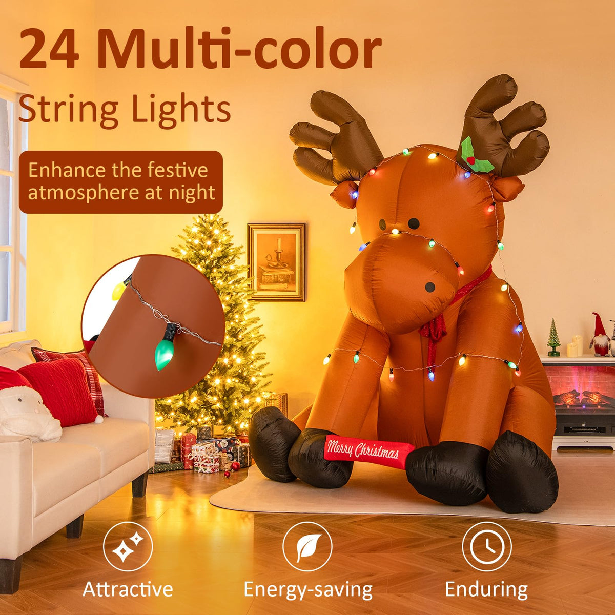 Lucktree 8.5 FT Tall Multi-Color Lighted Xmas Inflatable Reindeer Sitting on The Ground