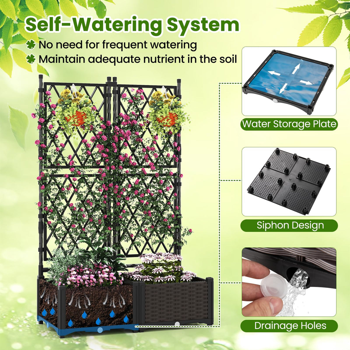 Lucktree Raised Garden Bed with Lattice Trellis Self-Watering Planter Box（32"LX16"WX50"H）