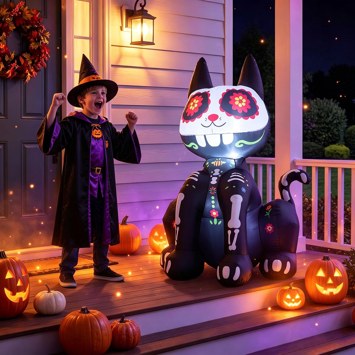 Lucktree 4 FT Day of the Dead Inflatable Skull Black Cat with LED Lights