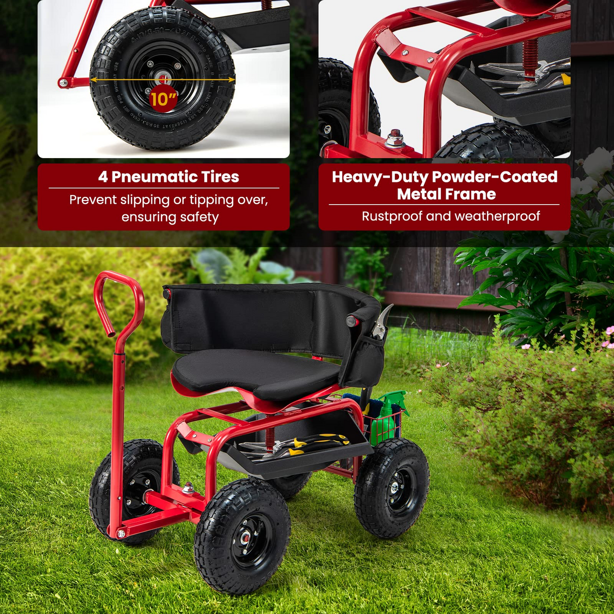 Lucktree Cushioned Rolling Garden Cart Scooter with Storage Basket and Tool Pouch