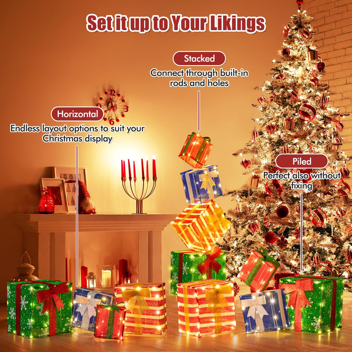 Lucktree Lighted Gift Boxes, Set of 4 Stackable Pre-lit Box Decorations with Warm White LED Lights & Pre-Assembled Ribbons