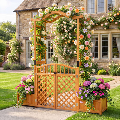 Lucktree 83" Wooden Garden Arbor with Gate and 2 Planter Boxes