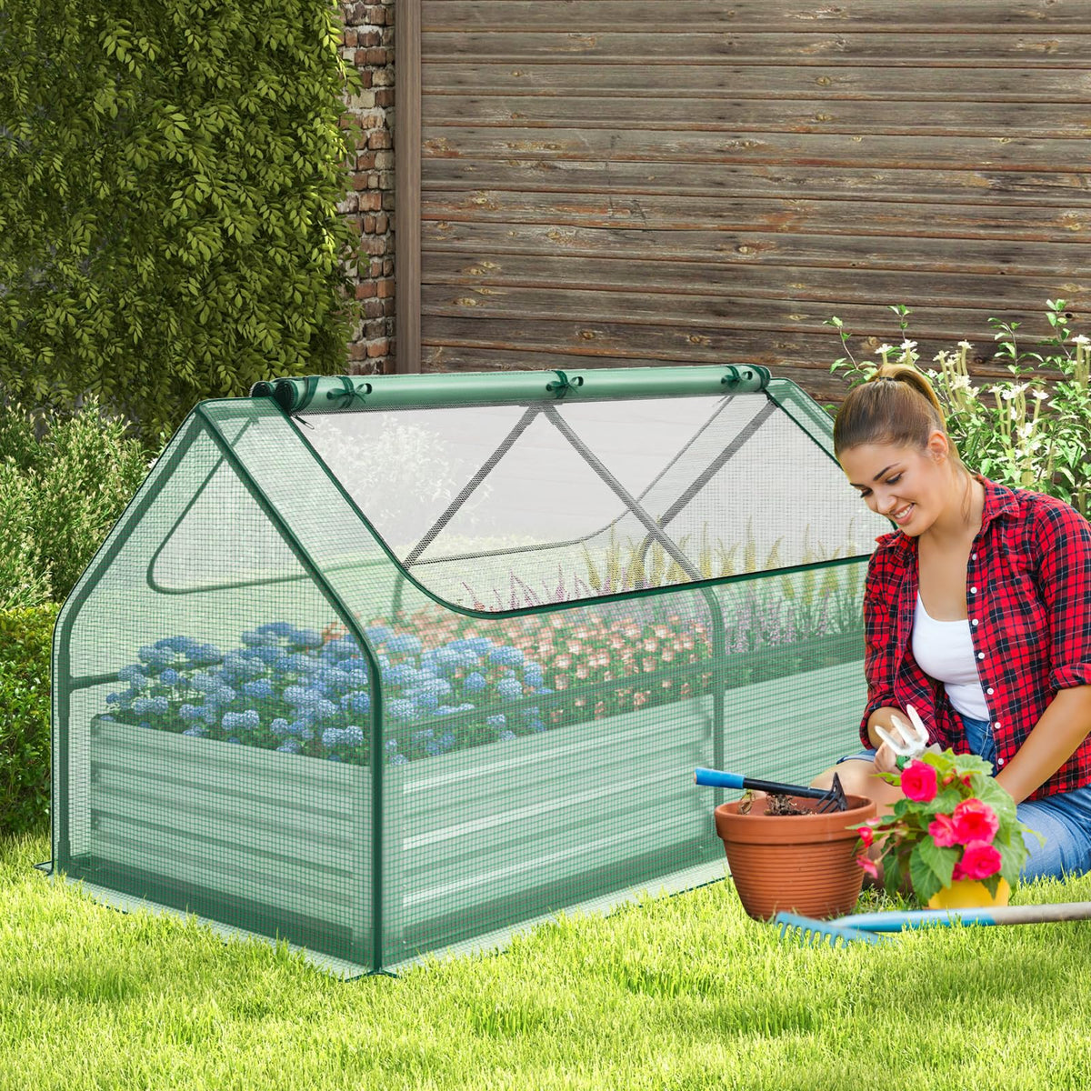 Lucktree Galvanized Steel Raised Garden Bed with Mini Greenhouse, Outdoor Metal Planter Box Kit with Large Roll-up Cover