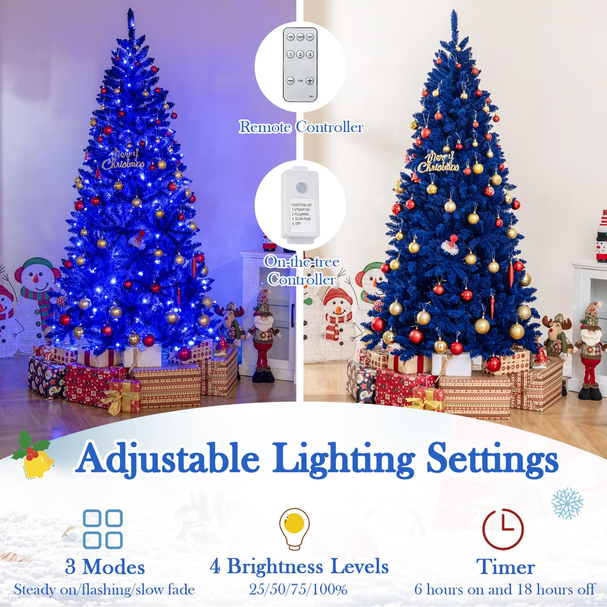 Lucktree 7 FT Pre-Lit Royal Blue Snow Flocked Christmas Tree with 340 LED Lights