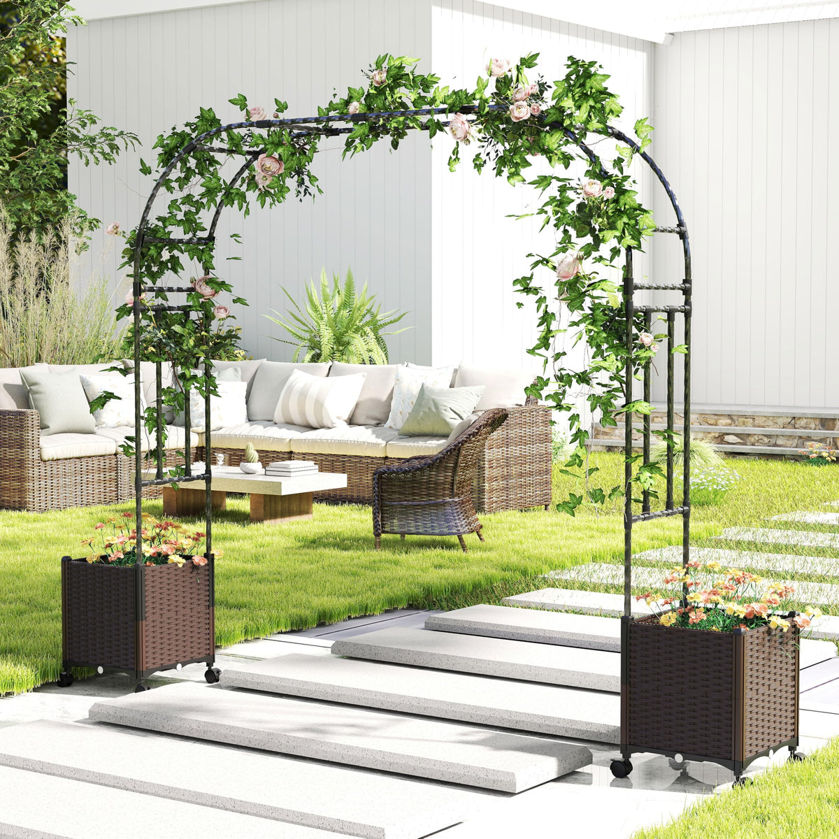 Lucktree 6.6 FT Garden Arch with Trellis and 2 Planter Boxes