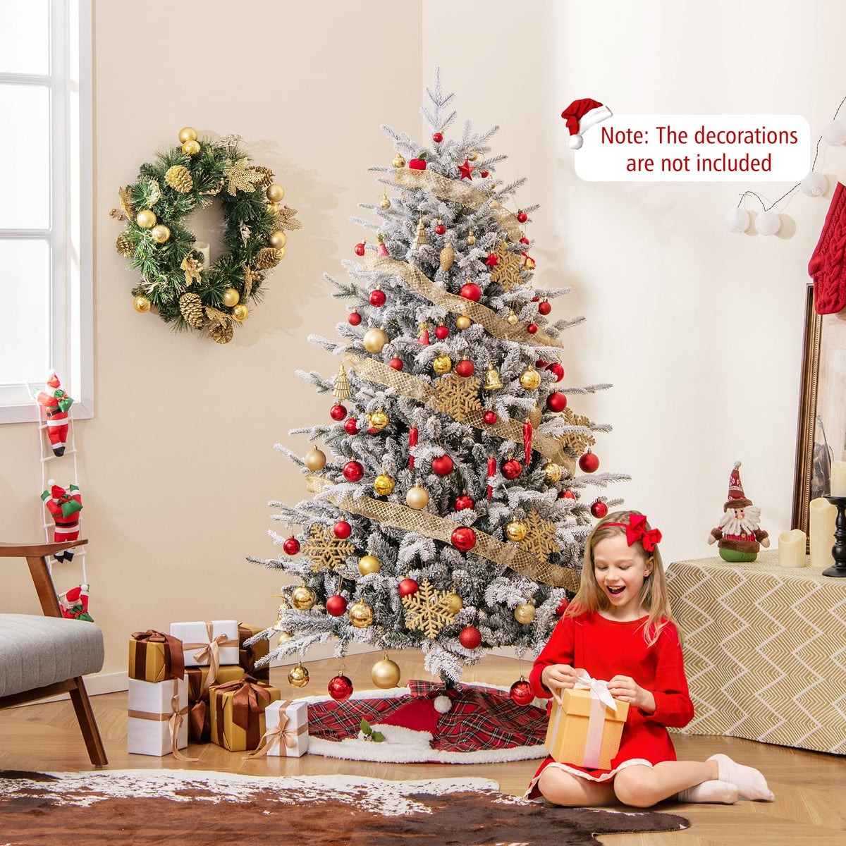 Lucktree 6ft Pre-Lit Snow Flocked Christmas Tree, Artificial Hinged Full Xmas Tree with 260 Multicolored LED Lights