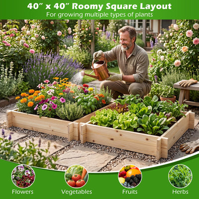 Lucktree 40" x 40" Square Fir Wood Planter Box with Open-Ended Base for Vegetables Flowers Herbs