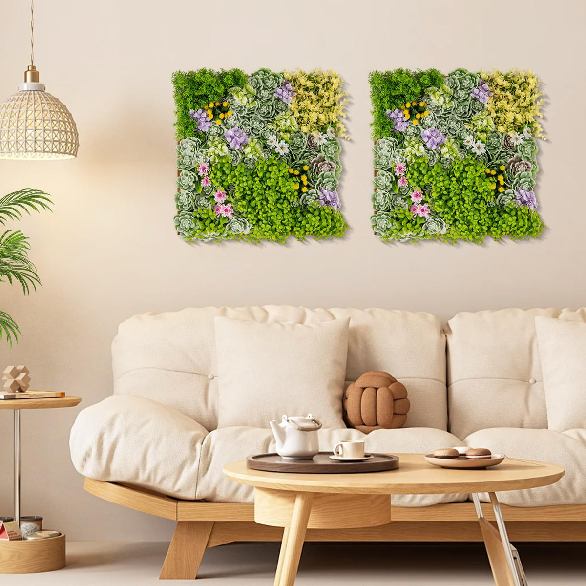 Lucktree 2 Pack Hanging Artificial Plants Panels, 20" x 20" Square Framed 3D Greenery Wall Art Decor
