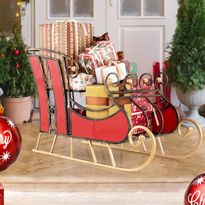 Lucktree Metal Christmas Santa Sleigh Basket, Xmas Festival Holiday Decorative Santa’s Sleigh with 2-Tier Storage Shelf