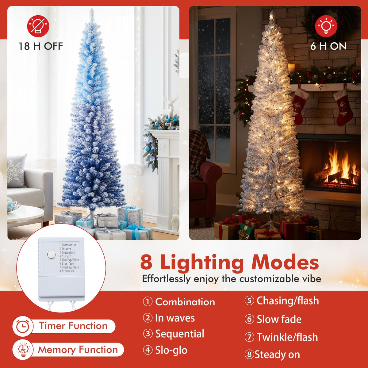 Lucktree 6FT / 7FT Blue Gradient Snow Flocked Christmas Tree with Warm White LED Lights