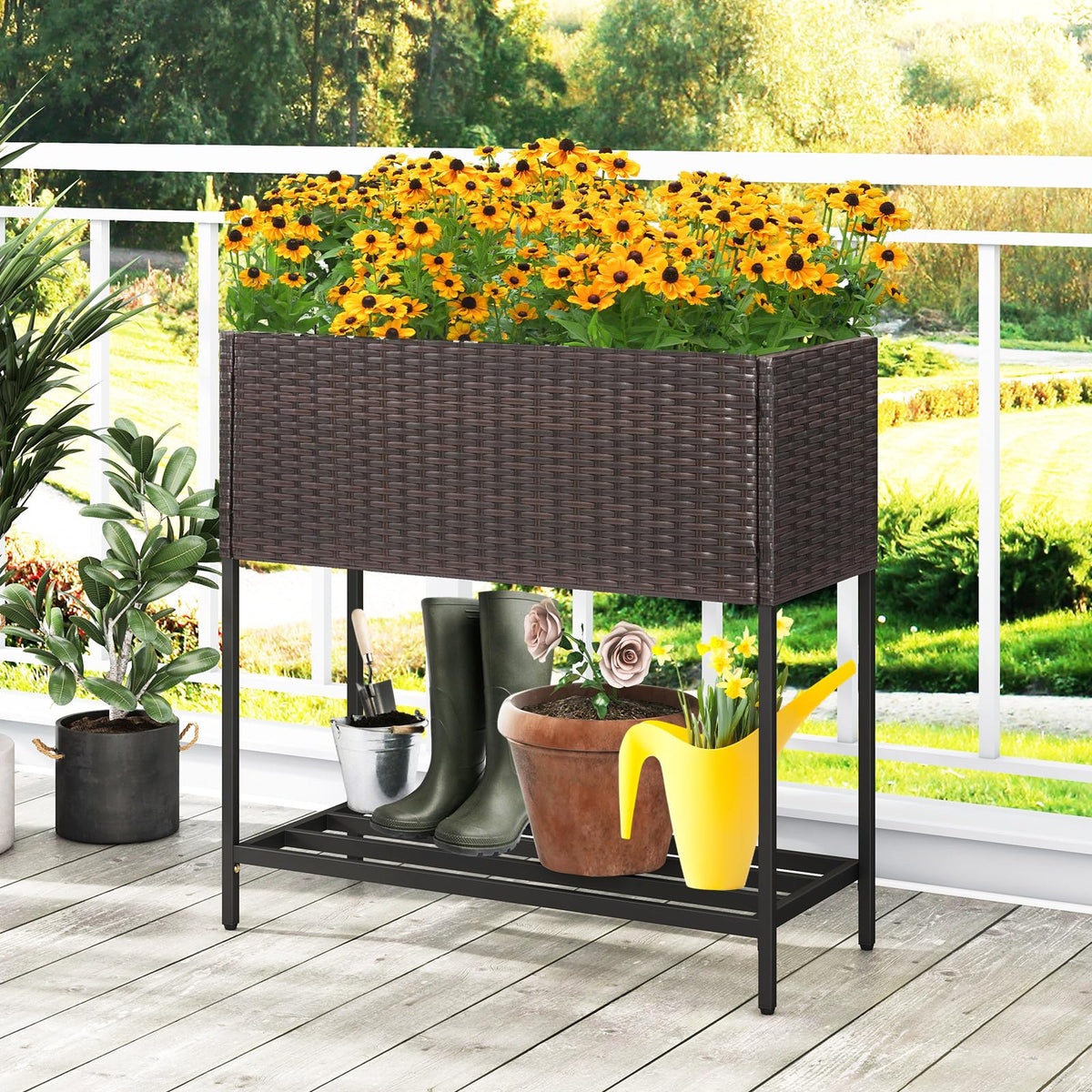 Lucktree Raised Garden Bed with Legs, Rattan Elevated Planter Box w/Storage Shelf