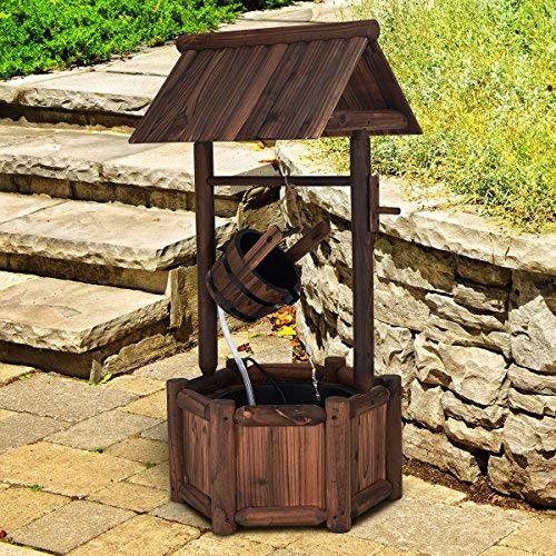 Lucktree Wishing Well Water Fountain Rustic Wooden Outdoor Garden Decorative Fountain Backyard w/ Electric Pump