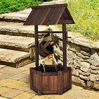 Lucktree Wishing Well Water Fountain Rustic Wooden Outdoor Garden Decorative Fountain Backyard w/ Electric Pump