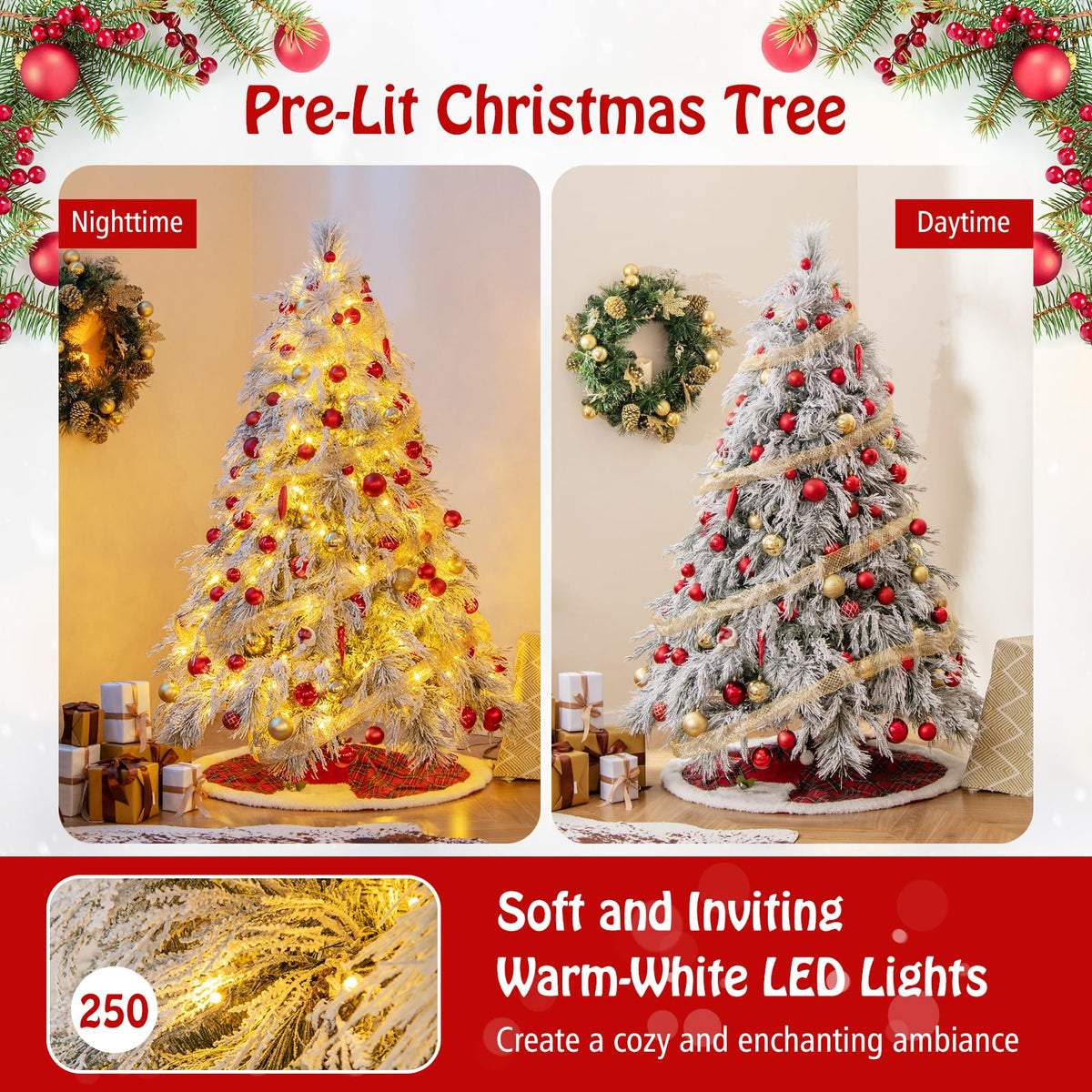 Lucktree 6ft Pre-Lit Snow Flocked Christmas Tree, Artificial Hinged Full Xmas Tree with 519 PVC & Pine Needles