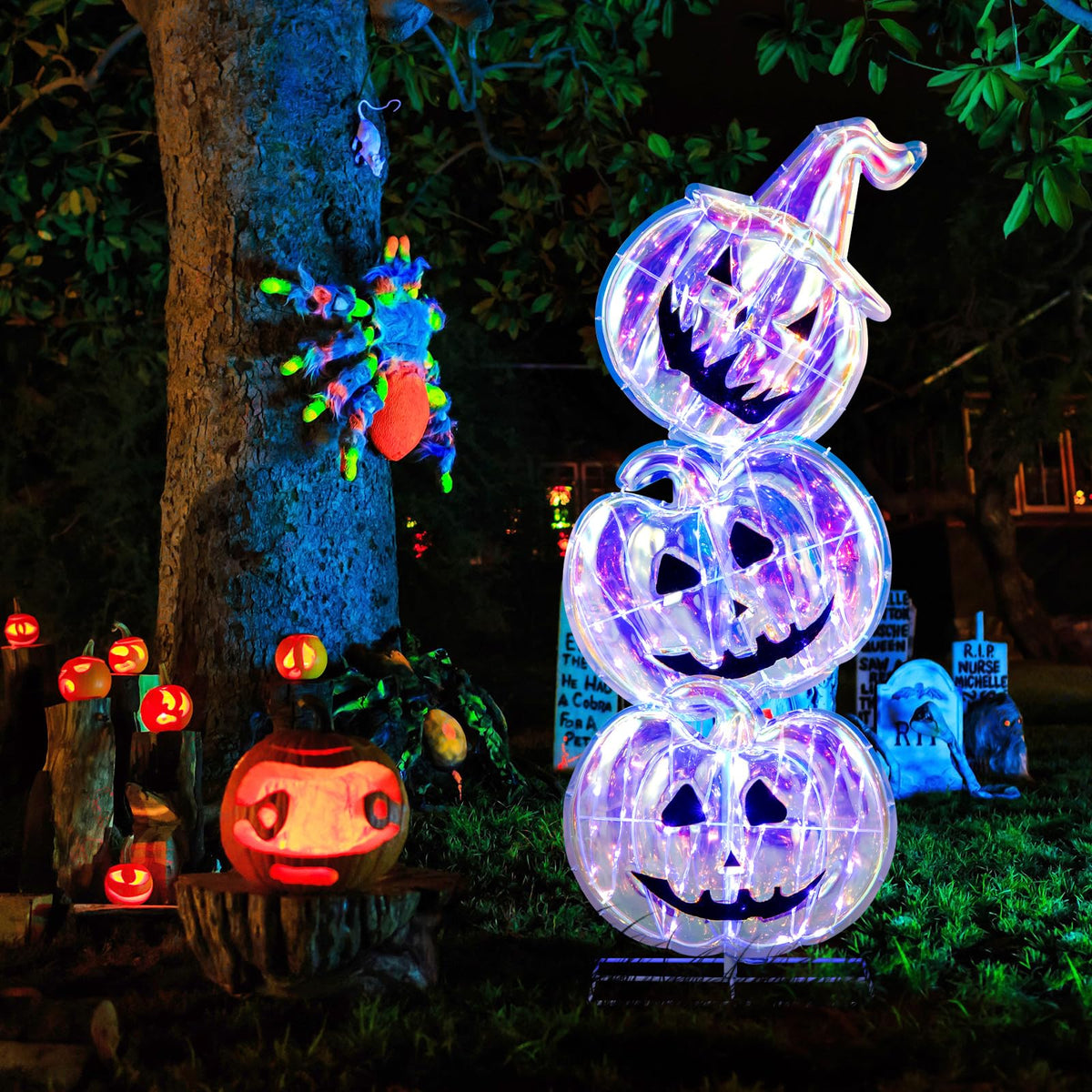 Lucktree 3.4 Ft Halloween Decorations, Light up Stacked Pumpkins with 150 LED Lights