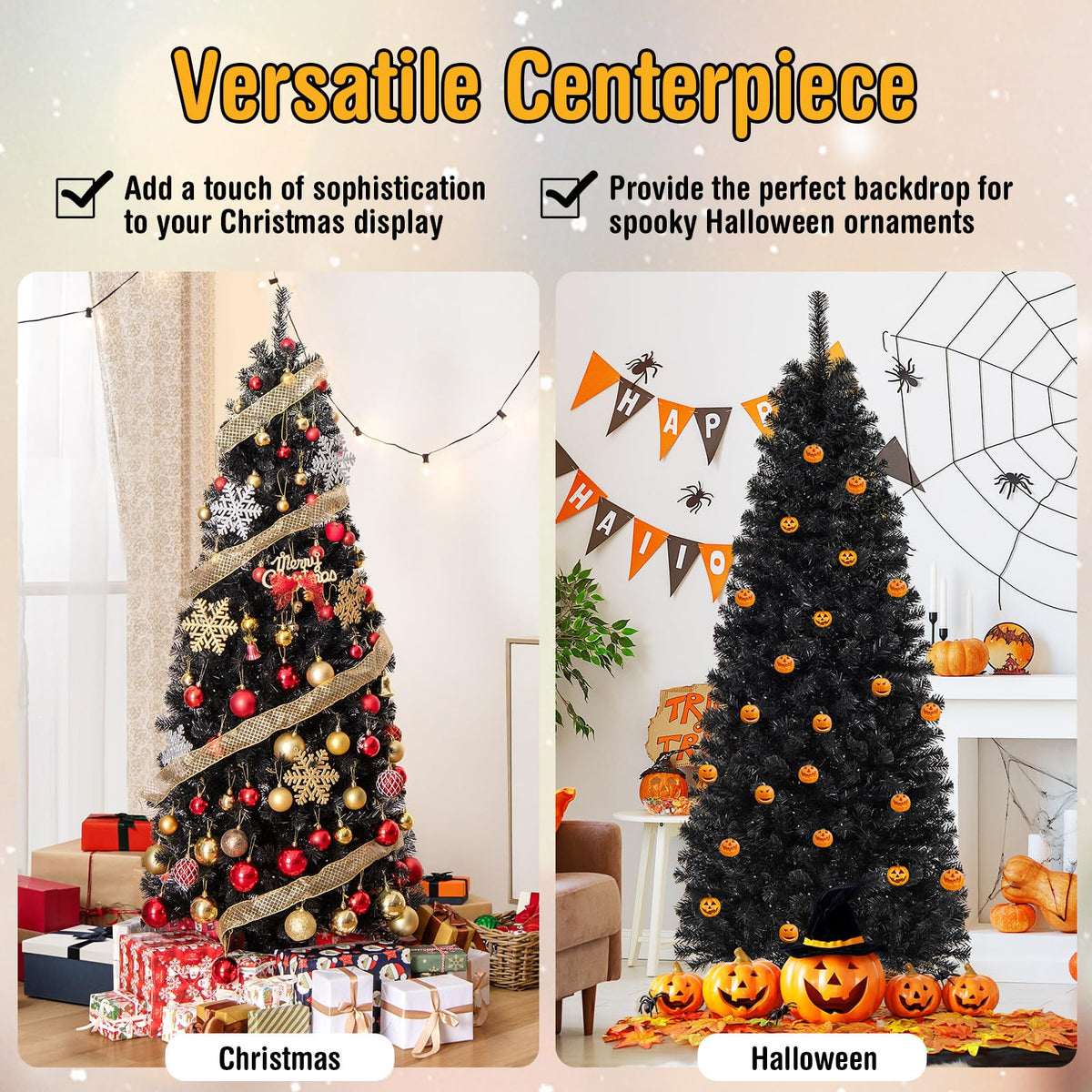 Lucktree Black Pencil Christmas Tree, Pre-lit Artificial Halloween Tree