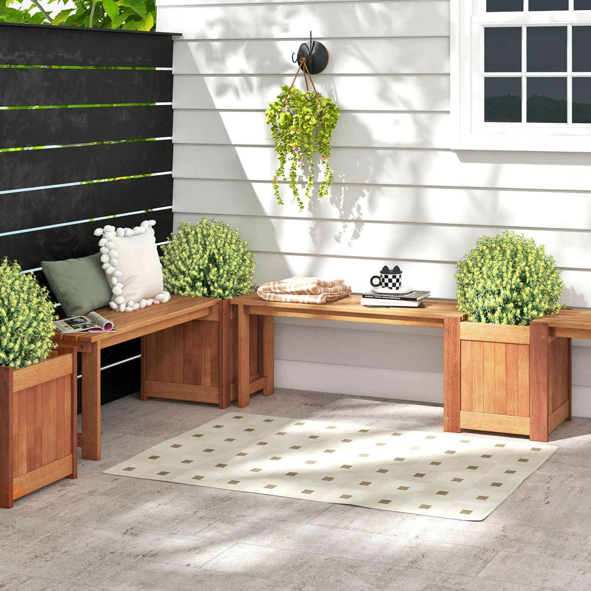 Lucktree Outdoor Bench with Raised Garden Bed, Wood Seat with Teak Oil Finish, Planter Box with Open-Ended Base