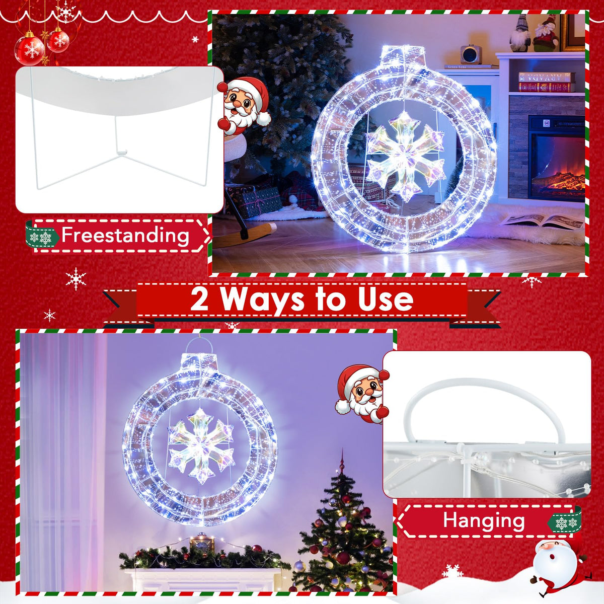 Lucktree 33” Lighted Ornament with Snowflake, Pre-Lit Christmas Wreath with 128 Cold White LED Lights