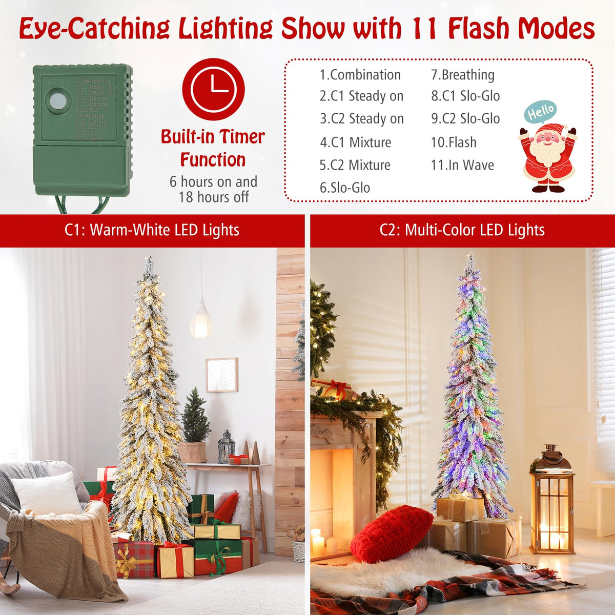 Lucktree 6ft Pre-Lit Flocked Christmas Tree, Artificial Slim Pencil Xmas Tree with 250 LED Lights