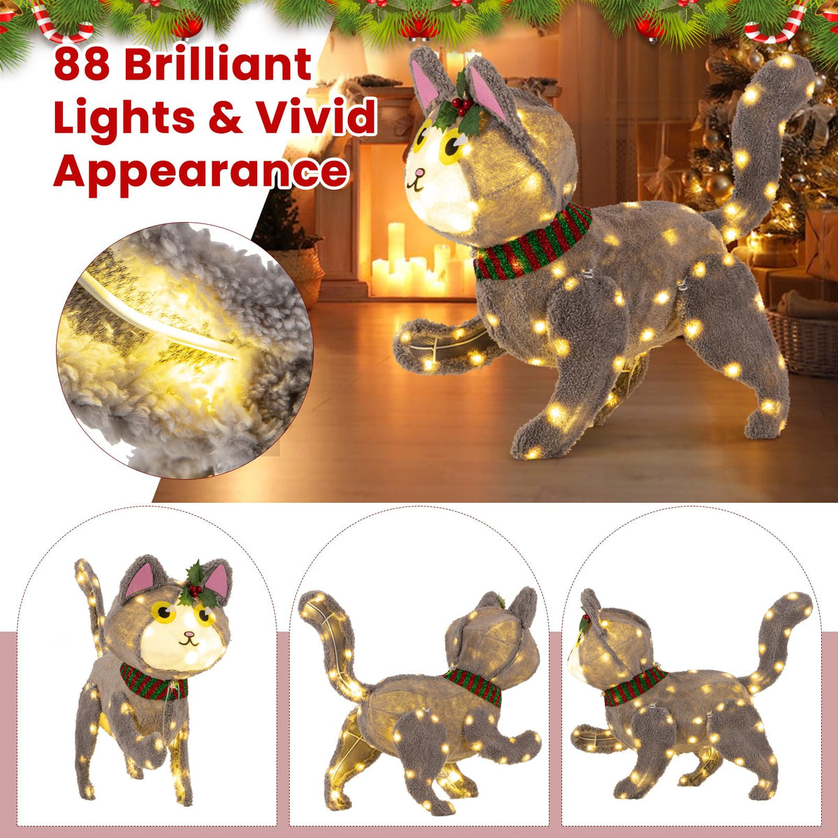 Lucktree Lighted Christmas Cat, Indoor Outdoor Kitty Decoration w/ 88 LED Lights