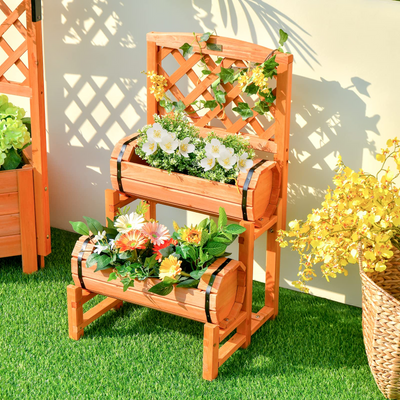 Lucktree Raised Garden Bed with 2 Barrel Planters & Trellis, 2-Tier Freestanding Wooden Raised Bed for Vegetable Flower Fruit