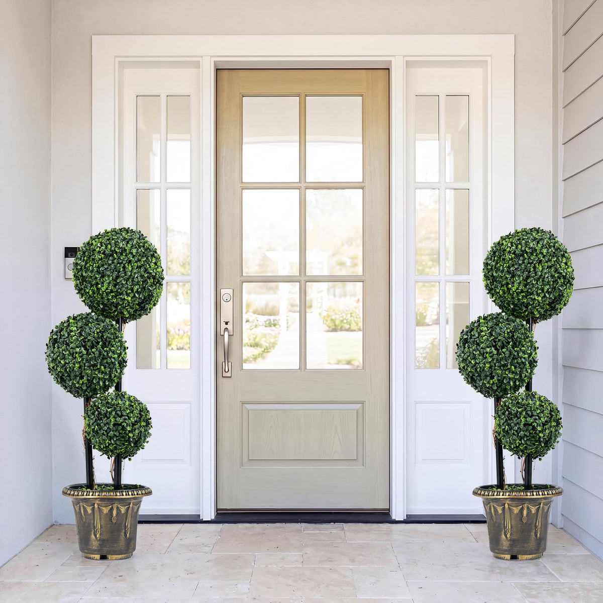 Lucktree 3 FT Artificial Boxwood Topiary Tree Sun-Protective Triple Ball Fake Plants Shrubs (1/2 Pack)