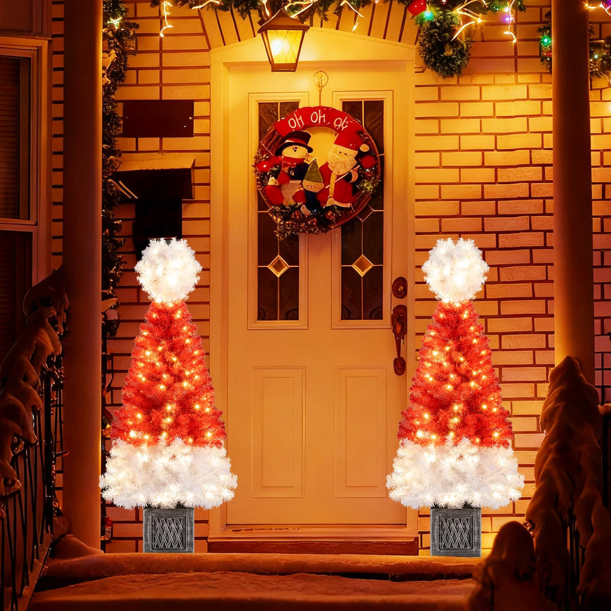 Lucktree 4 FT Pre-Lit Christmas Tree for Entrances, Artificial Potted Santa Hat Xmas Tree with 300 Branch Tips