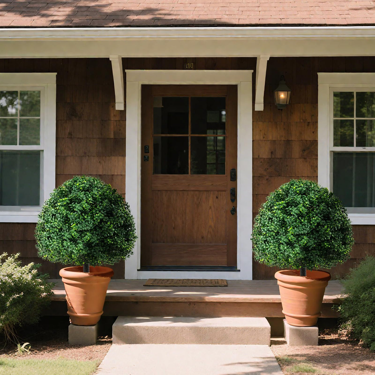 Lucktree 28 Inches Artificial Boxwood Topiary Ball Tree Set Sun-Protective Fake Shrub Plants